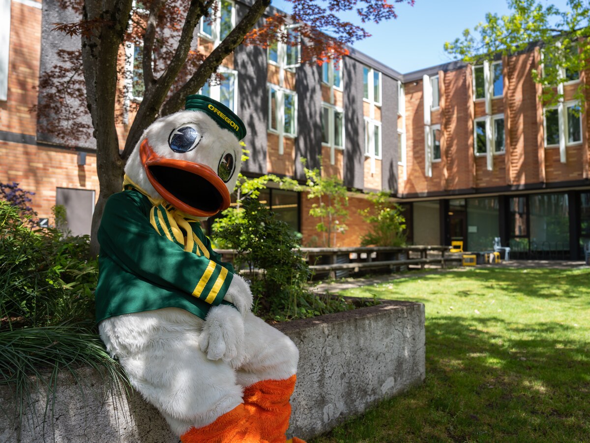 The Oregon Duck sits in a courtyard at Bean Hall.