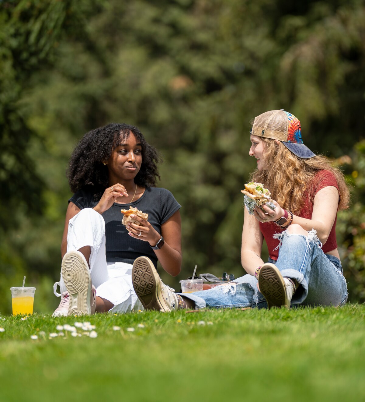 Two students share a meal on a campus lawn.